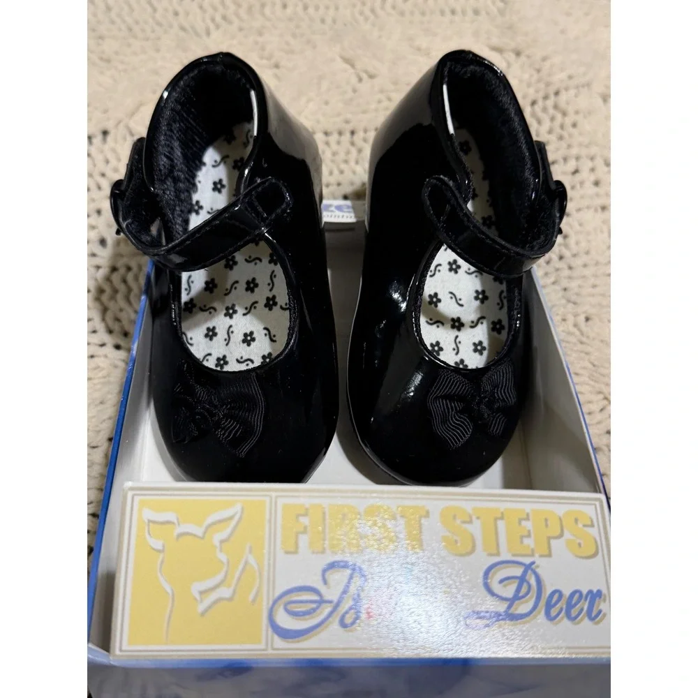 Baby Deer First Steps Black Patent Leather Mary Jane Bow Shoes Infant Size 2